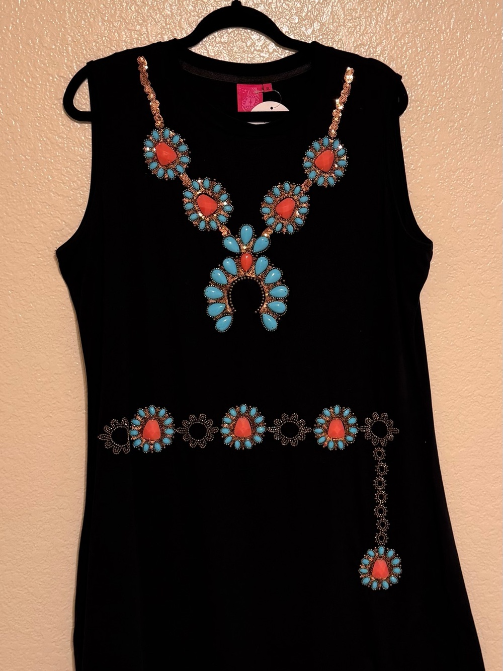 NWT Queen of Sparkles Black Turquoise Necklace and Belt Dress